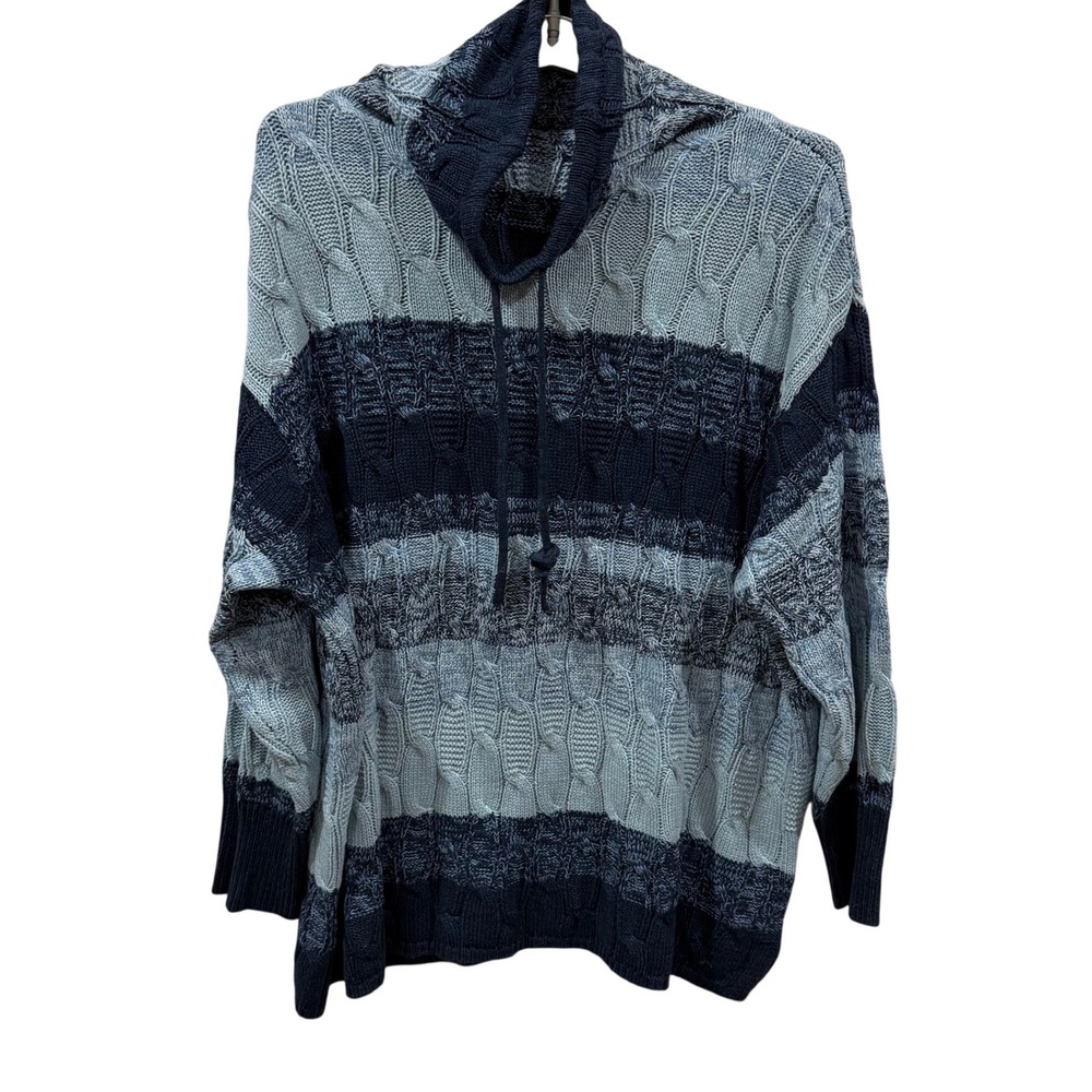 Chaps Women 3X Striped Cable Knit Tunic Sweater Cowl Neck‎ Drawstring Blue Gray